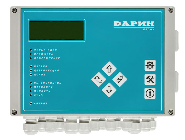 Многофункциональный микропроцессорный прибор для переливного или скиммерного бассейна с программированием времени работы  от одного до восьми насосов фильтра по электронному таймеру